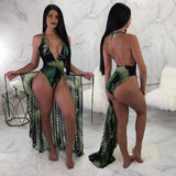 Leaf Print One Piece Swimsuit With Cover Up