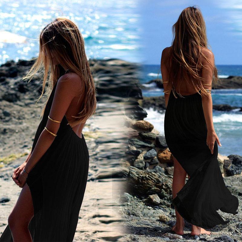 Black  Beach Sleeveless Halter Long Backless Dress