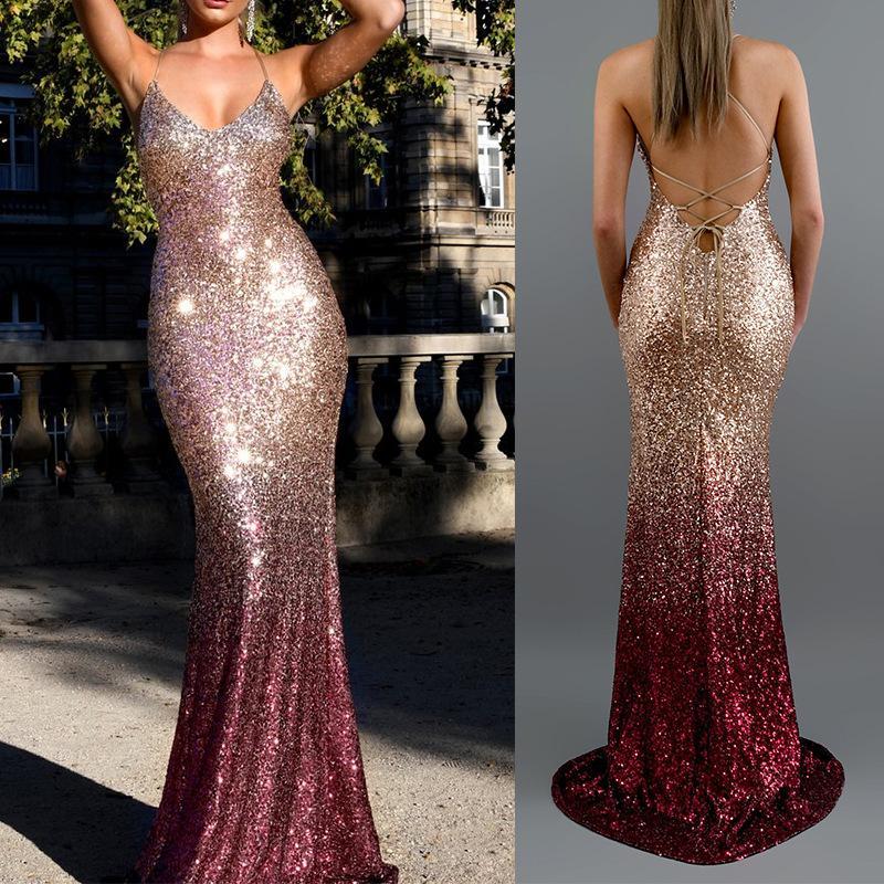 Sexy V Neck Sling Mermaid Sequined Prom Dress