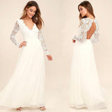 Lace V-Neck Long Sleeve Chiffon Maxi Dress