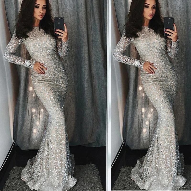 Mermaid Jewel Silver Lace Prom Dress