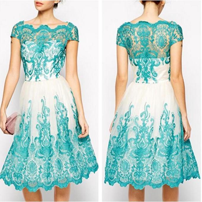 Waisted Lacy Slim Fit Mini Evening Dress
