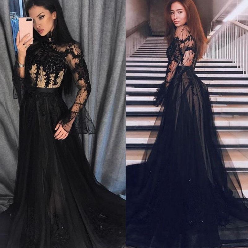Sexy Gauze Large Hem Black Lace Evening Dress