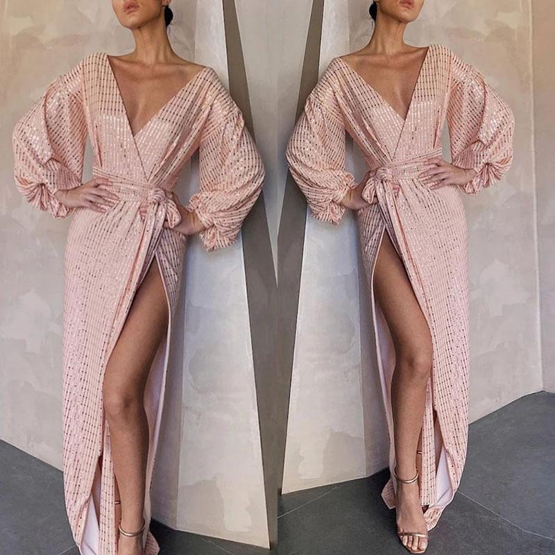V Neck Sequin Robe Maxi Dress
