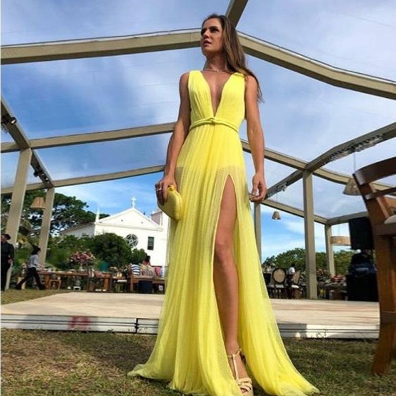 Simple A-Line Deep V-Neck Long Yellow Prom Party Dress