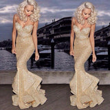 Gold Sequin Ruffle Banquet Party Maxi Dress