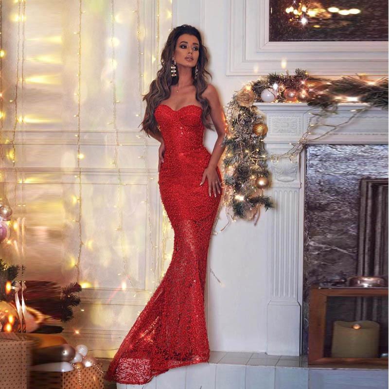 Red lace strapless long maxi evening dress