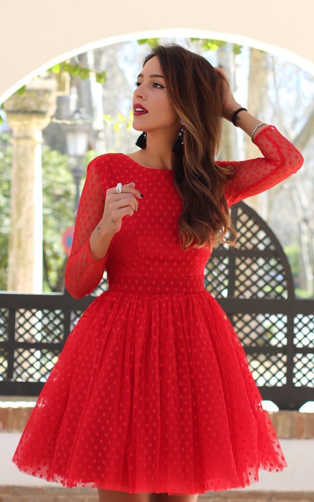 Long Sleeve O Neck Wave Point Short A Line Dress
