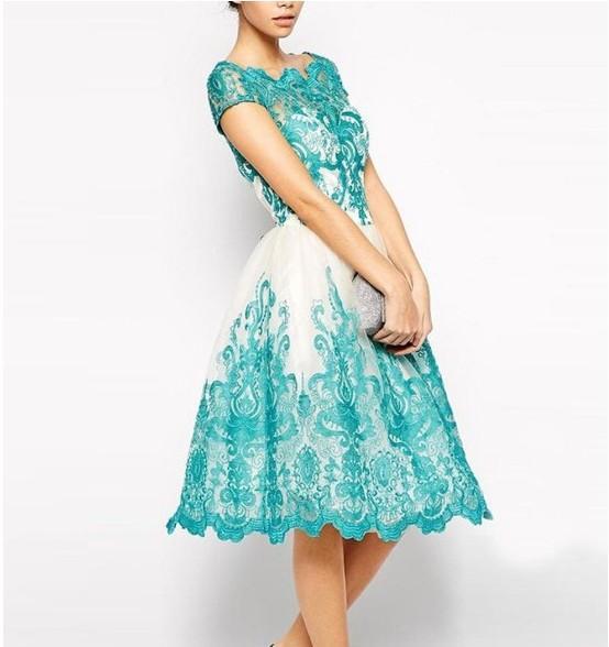 Waisted Lacy Slim Fit Mini Evening Dress