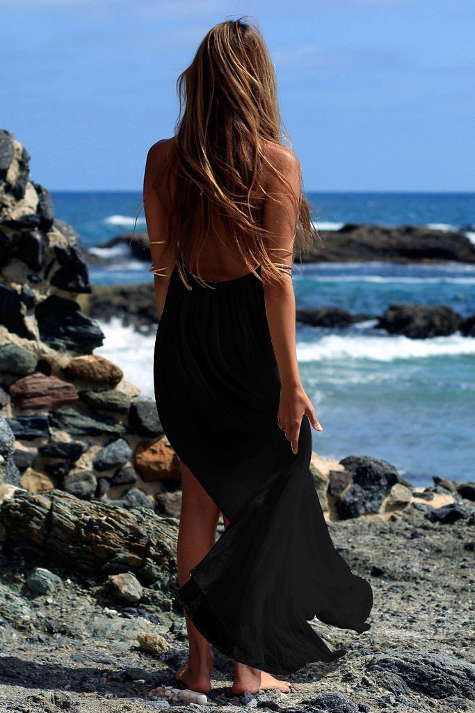 Black  Beach Sleeveless Halter Long Backless Dress