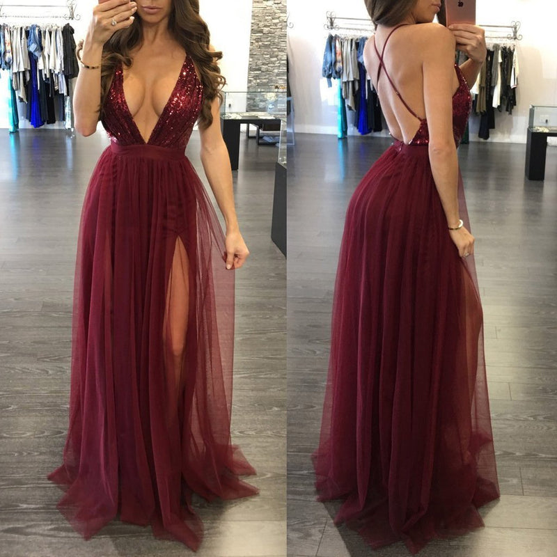 Sexy Backless Deep V Neck Long Backless Maxi Dress