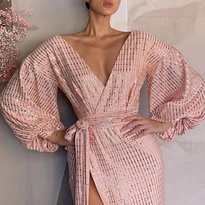 V Neck Sequin Robe Maxi Dress