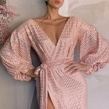 V Neck Sequin Robe Maxi Dress