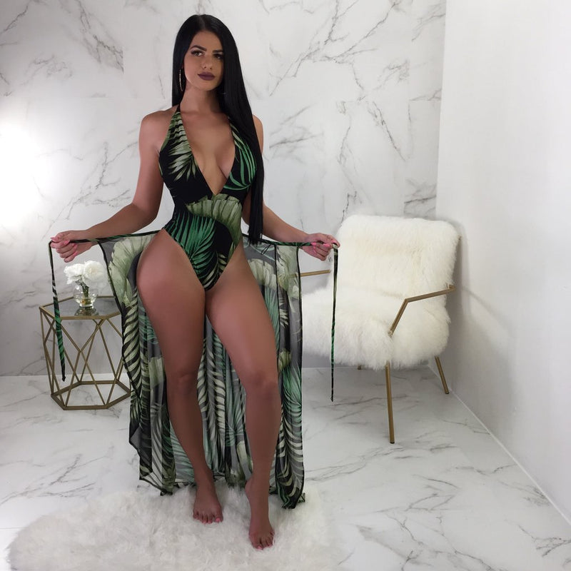 Leaf Print One Piece Swimsuit With Cover Up
