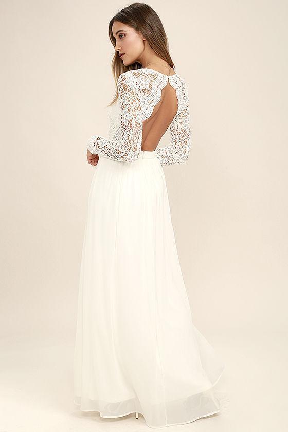 Lace V-Neck Long Sleeve Chiffon Maxi Dress