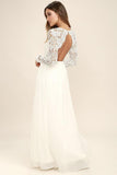 Lace V-Neck Long Sleeve Chiffon Maxi Dress