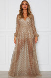 Sheer Gold Glitter Evening Maxi Dress