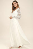 Lace V-Neck Long Sleeve Chiffon Maxi Dress