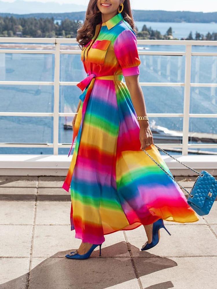 Rainbow-Stripe  Belted Maxi Shirt Dress