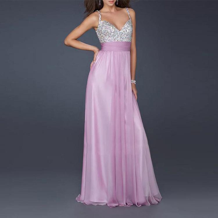 V Neck Sequins Ball Gown Slip Dress Lady's Maxi Dresses