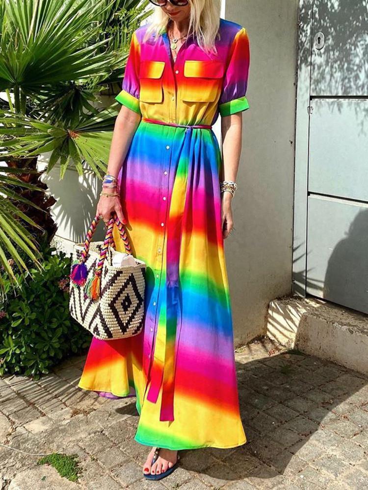 Rainbow-Stripe  Belted Maxi Shirt Dress