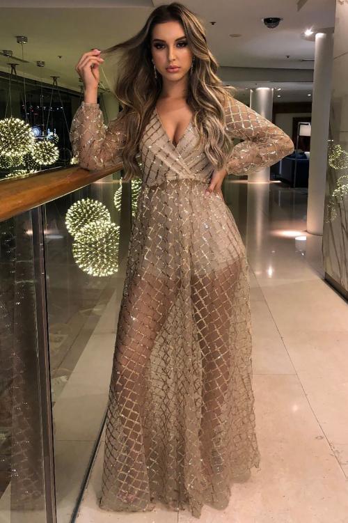 Sheer Gold Glitter Evening Maxi Dress