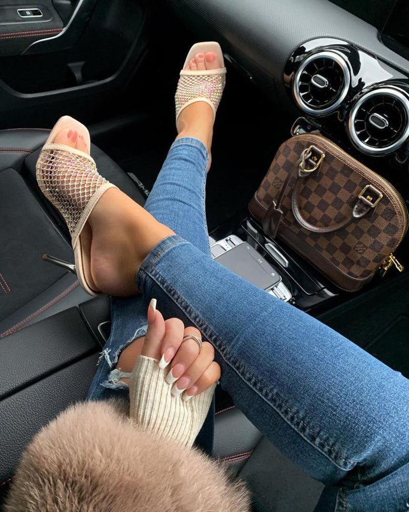 Meshing Around Rhinestone Heeled Sandal - Nude