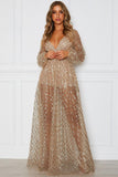 Sheer Gold Glitter Evening Maxi Dress
