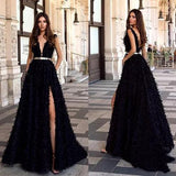 Sexy Deep V  Black Long Formal Dress