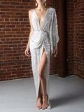 Slit Shimmer Sheath Elegant Prom Maxi Dress